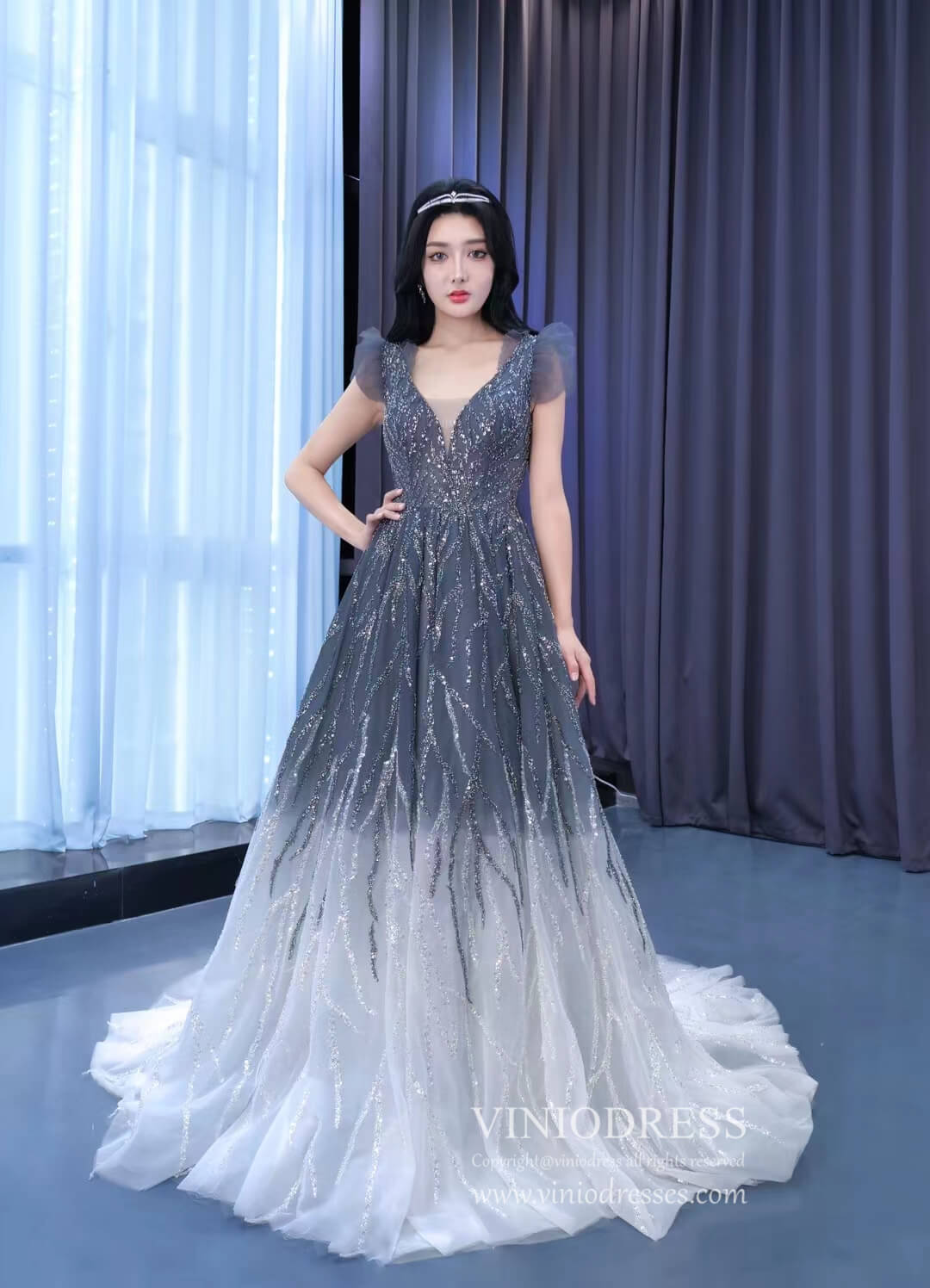 Gradient Grey Prom Dress Beaded V-neck Pageant Dress 222208-Evening Dresses 2025 -Viniodress-Grey-Custom Size-