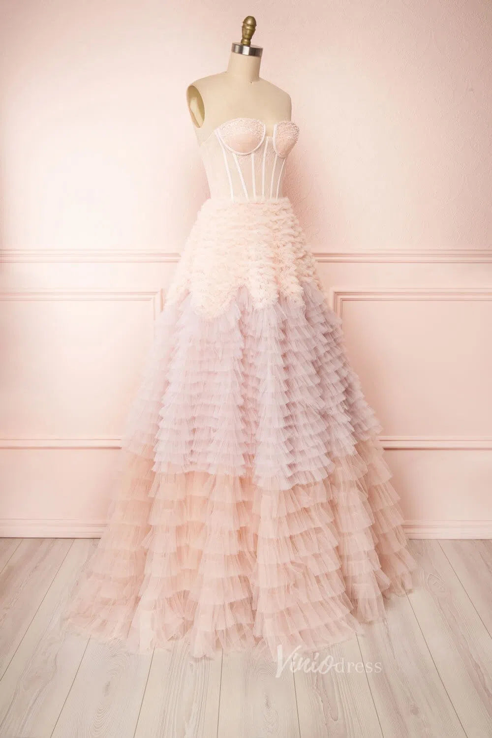 Prom Dress 2025 Gradient Tiered Ruffle Prom Dress Strapless Wedding Dresses VW1161-unique wedding dresses-Blush Pink-Custom Size-Viniodress