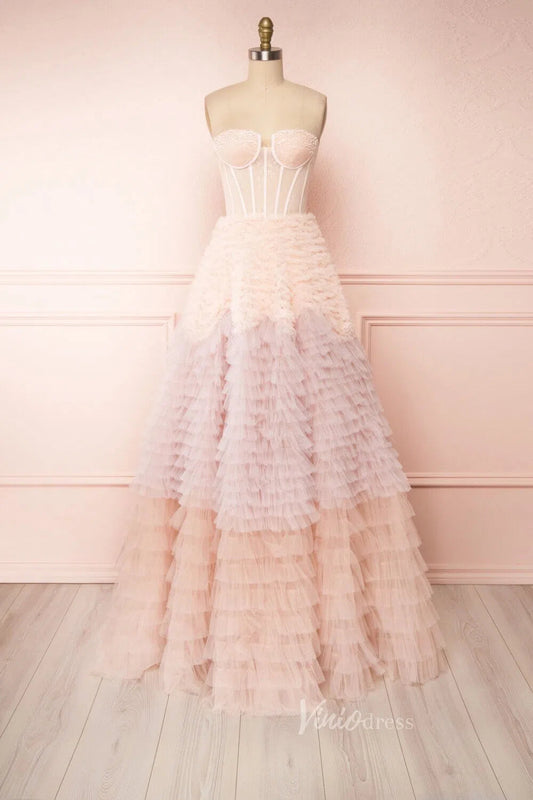 Prom Dress 2025 Gradient Tiered Ruffle Prom Dress Strapless Wedding Dresses VW1161-unique wedding dresses-Blush Pink-Custom Size-Viniodress