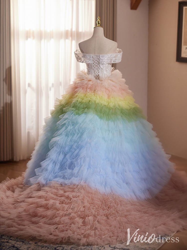 Gradient Tiered Ruffled Quinceanera Dress Off the Shoulder Prom Ball Gown AD1301-Quinceanera Dresses 2025 -Viniodress-Blush Pink-Custom Size-