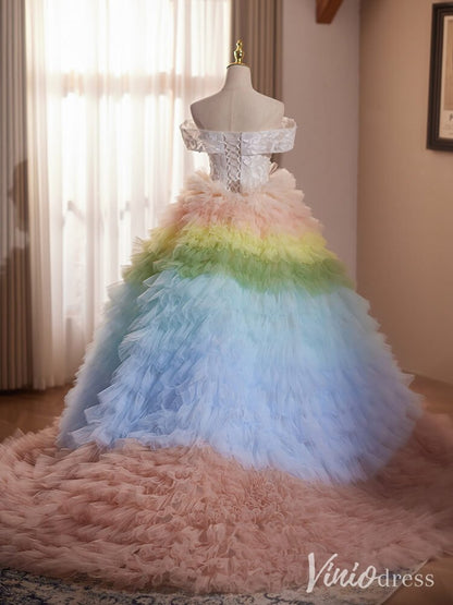 Gradient Tiered Ruffled Quinceanera Dress Off the Shoulder Prom Ball Gown AD1301-Quinceanera Dresses 2025 -Viniodress-Blush Pink-Custom Size-