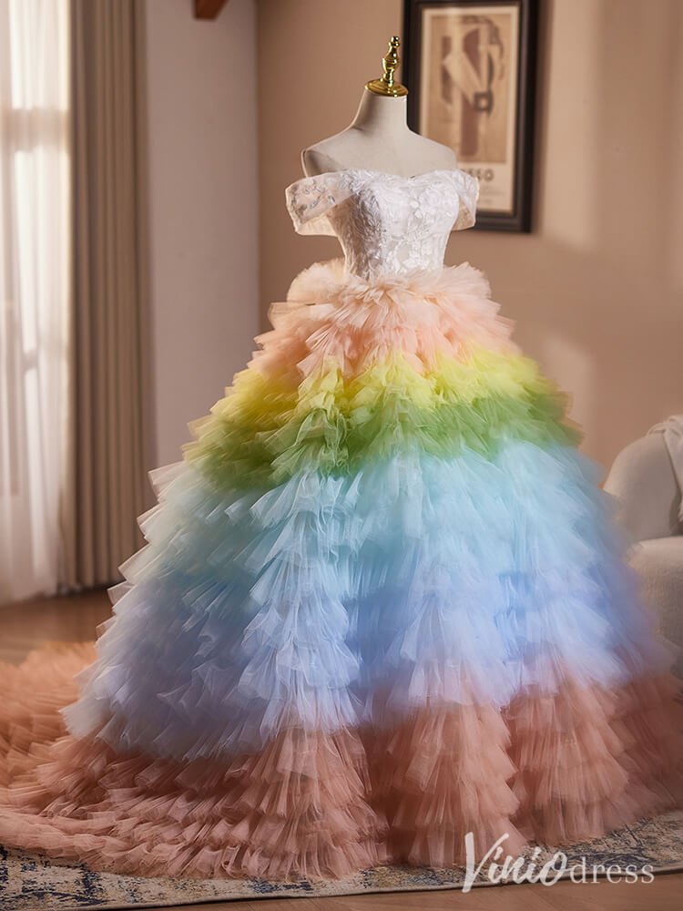 Gradient Tiered Ruffled Quinceanera Dress Off the Shoulder Prom Ball Gown AD1301-Quinceanera Dresses 2025 -Viniodress-Blush Pink-Custom Size-