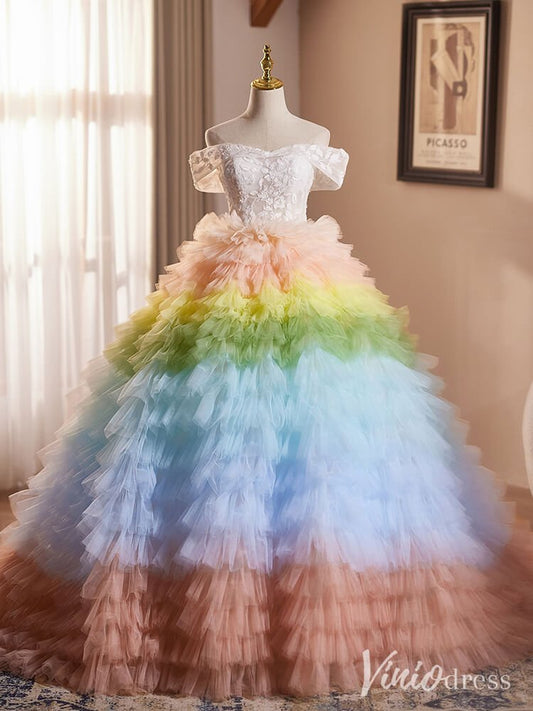 Gradient Tiered Ruffled Quinceanera Dress Off the Shoulder Prom Ball Gown AD1301-Quinceanera Dresses 2025 -Viniodress-Blush Pink-Custom Size-