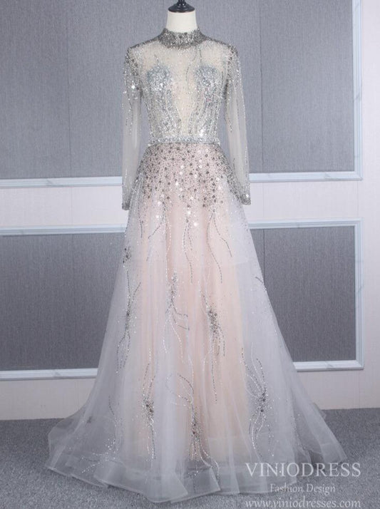 Gray Beaded High Neck Porm Dresses Long Sleeve Evening Dress FD2502-Evening Dresses 2025 -Viniodress-Grey-US 2-