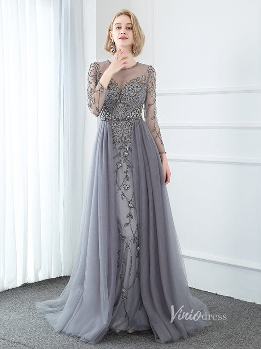 Gray Beaded Sheath Prom Dresses Overskirt Formal Dress FD2376-Evening Dresses 2025 -Viniodress-Grey-US 2-