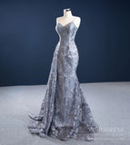 Prom Dress 2025 Gray Lace Mermaid Prom Dresses Spaghetti Strap Pearl Dress FD2447 viniodress-unique prom dresses-As Picture-Custom Size-Viniodress