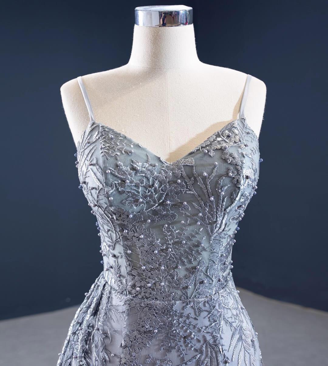 Prom Dress 2025 Gray Lace Mermaid Prom Dresses Spaghetti Strap Pearl Dress FD2447 viniodress-unique prom dresses-As Picture-Custom Size-Viniodress