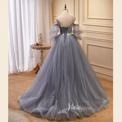Gray Tulle Prom Dresses Spaghetti Strap Evening Dress FD3211-prom dresses 2025 -Viniodress-Grey-Custom Size-