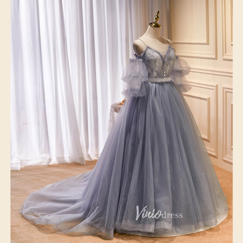 Prom Dress 2025 Gray Tulle Prom Dresses Spaghetti Strap Evening Dress FD3211-unique prom dresses-Grey-Custom Size-Viniodress