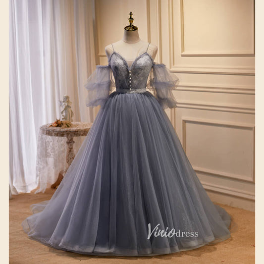 Prom Dress 2025 Gray Tulle Prom Dresses Spaghetti Strap Evening Dress FD3211-unique prom dresses-Grey-Custom Size-Viniodress