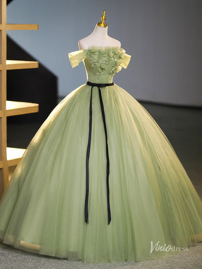 Green 3D Flower Prom Ball Gown with Belt Off the Shoulder Quinceanera Dresses BG068-prom dresses 2025 -Viniodress-Green-Custom Size-