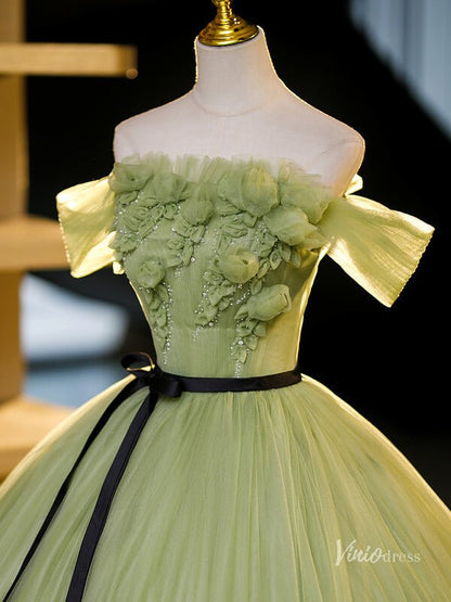 Green 3D Flower Prom Ball Gown with Belt Off the Shoulder Quinceanera Dresses BG068-prom dresses 2025 -Viniodress-Green-Custom Size-
