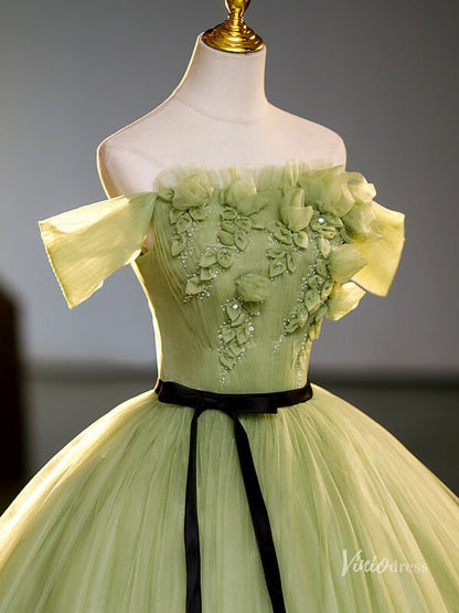 Green 3D Flower Prom Ball Gown with Belt Off the Shoulder Quinceanera Dresses BG068-prom dresses 2025 -Viniodress-Green-Custom Size-
