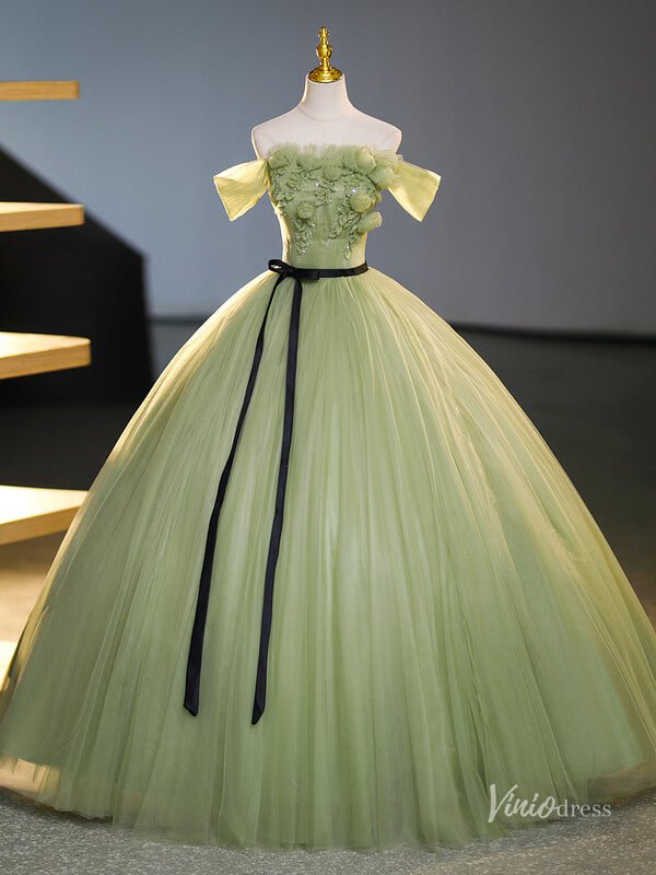 Green 3D Flower Prom Ball Gown with Belt Off the Shoulder Quinceanera Dresses BG068-prom dresses 2025 -Viniodress-Green-Custom Size-