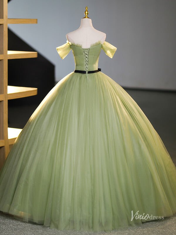 Green 3D Flower Prom Ball Gown with Belt Off the Shoulder Quinceanera Dresses BG068 - Viniodressprom dressesGreenCustom Size - Formal Dresses - Ball Gowns