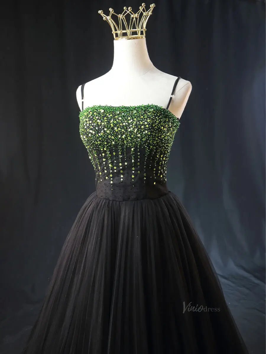 Green and Black Tulle Prom Dresses with Spaghetti Strap, Formal Gown SU057-prom dresses 2025 -Viniodress-Green-Custom Size-