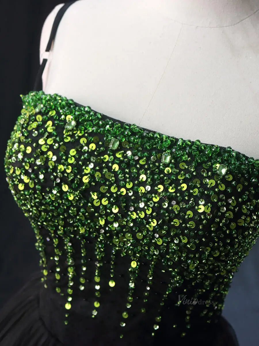 Green and Black Tulle Prom Dresses with Spaghetti Strap, Formal Gown SU057-prom dresses 2025 -Viniodress-Green-Custom Size-