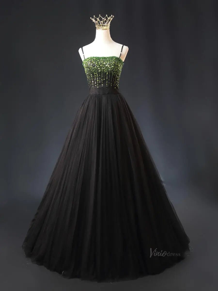 Green and Black Tulle Prom Dresses with Spaghetti Strap, Formal Gown SU057-prom dresses 2025 -Viniodress-Green-Custom Size-