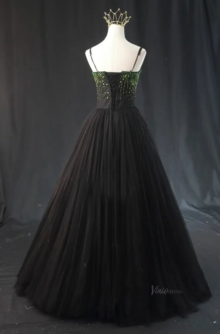 Green and Black Tulle Prom Dresses with Spaghetti Strap, Formal Gown SU057 - Viniodressprom dressesGreenCustom Size - Formal Dresses - Ball Gowns