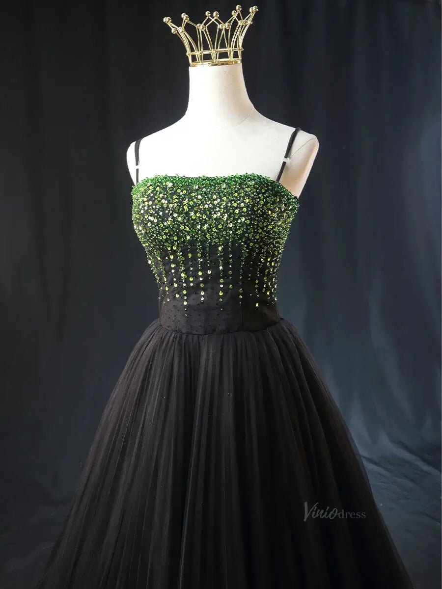 Green and Black Tulle Prom Dresses with Spaghetti Strap, Formal Gown SU057 - Viniodressprom dressesGreenCustom Size - Formal Dresses - Ball Gowns