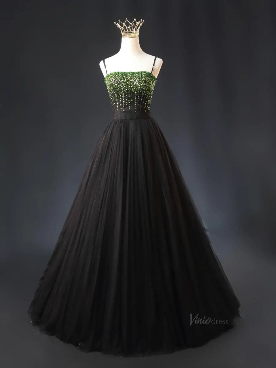 Green and Black Tulle Prom Dresses with Spaghetti Strap, Formal Gown SU057 - Viniodressprom dressesGreenCustom Size - Formal Dresses - Ball Gowns