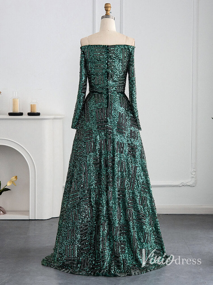 Green Beaded Evening Dresses Off the Shoulder Long Sleeve Formal Dress AD1164-prom dresses-Viniodress-Viniodress