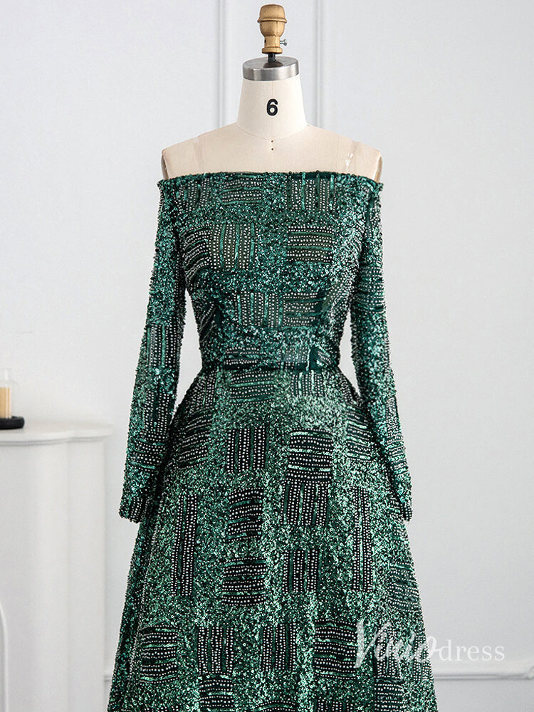 Green Beaded Evening Dresses Off the Shoulder Long Sleeve Formal Dress AD1164-prom dresses-Viniodress-Viniodress