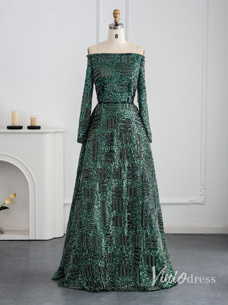 Green Beaded Evening Dresses Off the Shoulder Long Sleeve Formal Dress AD1164-prom dresses-Viniodress-Green-US 2-Viniodress