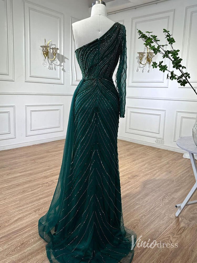 Green Beaded Evening Dresses with Slit Mermaid One Shoulder Pageant Dress AD1135-Evening Dresses 2025 -Viniodress-Green-US 2-