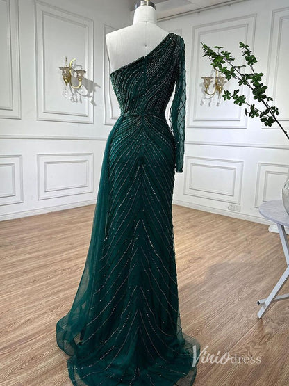 Green Beaded Evening Dresses with Slit Mermaid One Shoulder Pageant Dress AD1135-Evening Dresses 2025 -Viniodress-Green-US 2-
