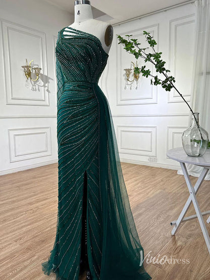 Green Beaded Evening Dresses with Slit Mermaid One Shoulder Pageant Dress AD1135-Evening Dresses 2025 -Viniodress-Green-US 2-
