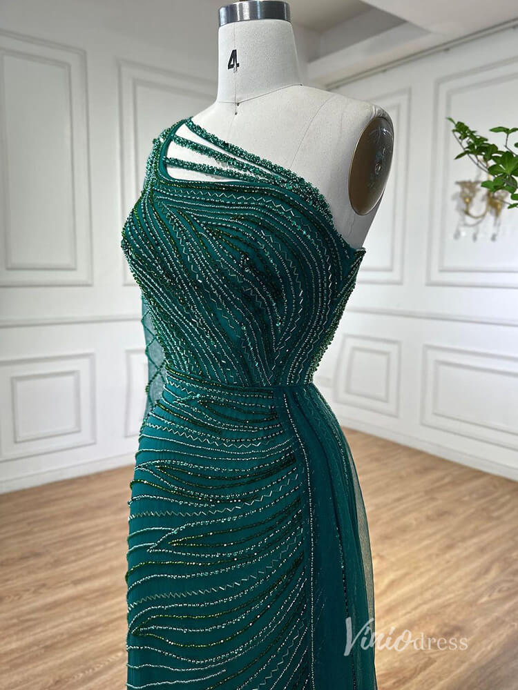 Green Beaded Evening Dresses with Slit Mermaid One Shoulder Pageant Dress AD1135-Evening Dresses 2025 -Viniodress-Green-US 2-