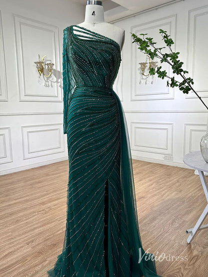 Green Beaded Evening Dresses with Slit Mermaid One Shoulder Pageant Dress AD1135-Evening Dresses 2025 -Viniodress-Green-US 2-