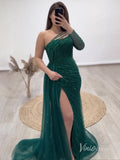 Green Beaded Evening Dresses with Slit Mermaid One Shoulder Pageant Dress AD1135-prom dresses-Viniodress-Viniodress