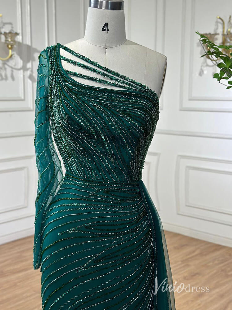 Green Beaded Evening Dresses with Slit Mermaid One Shoulder Pageant Dress AD1135-prom dresses-Viniodress-Viniodress