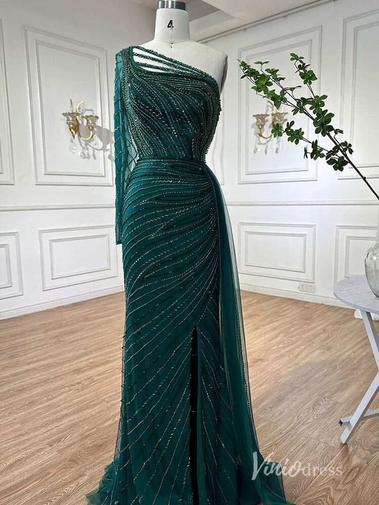 Green Beaded Evening Dresses with Slit Mermaid One Shoulder Pageant Dress AD1135-prom dresses-Viniodress-Green-US 2-Viniodress