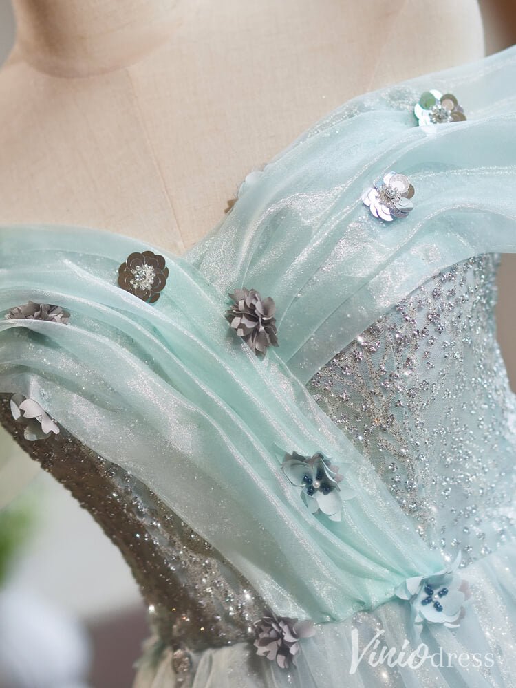 Green Beaded Flower Homecoming Dresses Off the Shoulder Graduation Dress BJ051-prom dresses 2025 -Viniodress-Green-Custom Size-