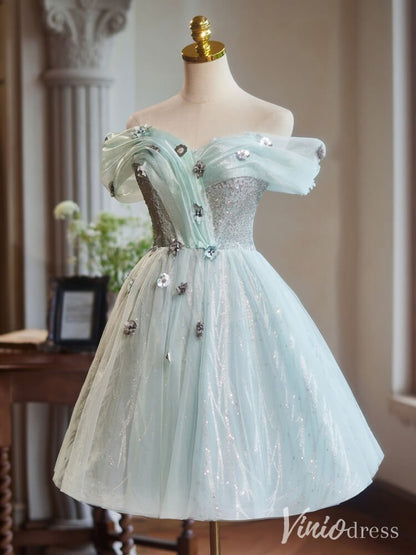 Green Beaded Flower Homecoming Dresses Off the Shoulder Graduation Dress BJ051-prom dresses 2025 -Viniodress-Green-Custom Size-