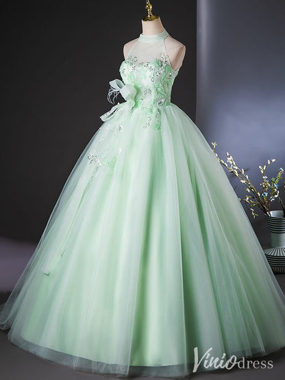 Green Beaded Lace Halter Neck Quinceanera Dresses Bow-Tie Butterfly Ball Gown AD1387-prom dresses 2025 -Viniodress-Green-Custom Size-