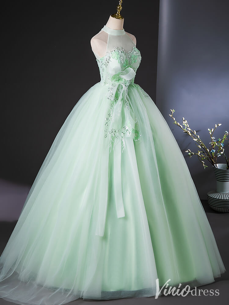 Green Beaded Lace Halter Neck Quinceanera Dresses Bow-Tie Butterfly Ball Gown AD1387-prom dresses-Viniodress-Viniodress