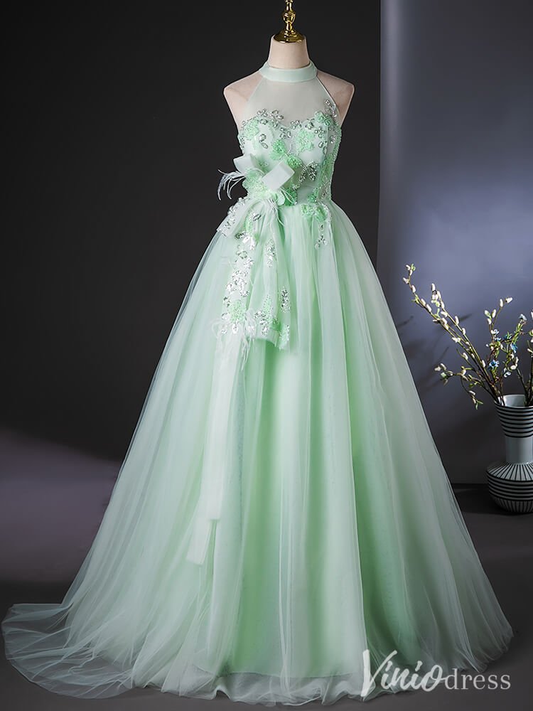 Green Beaded Lace Halter Neck Quinceanera Dresses Bow - Tie Butterfly Ball Gown AD1387 - Viniodressprom dressesGreenCustom Size - Formal Dresses - Ball Gowns