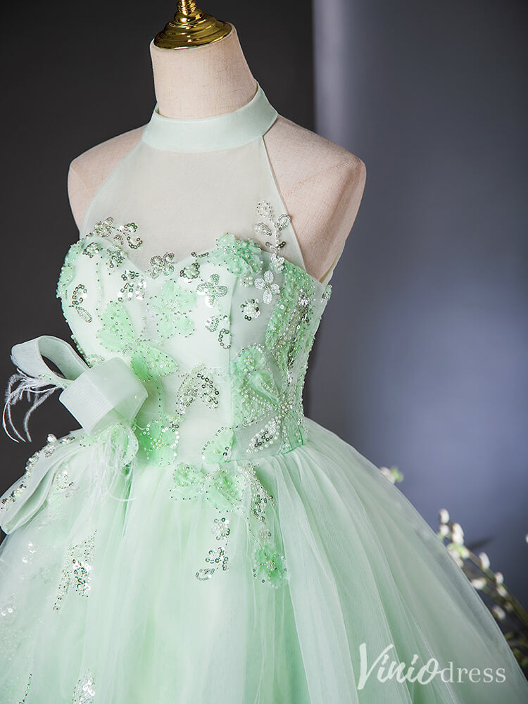 Green Beaded Lace Halter Neck Quinceanera Dresses Bow-Tie Butterfly Ball Gown AD1387-prom dresses-Viniodress-Viniodress