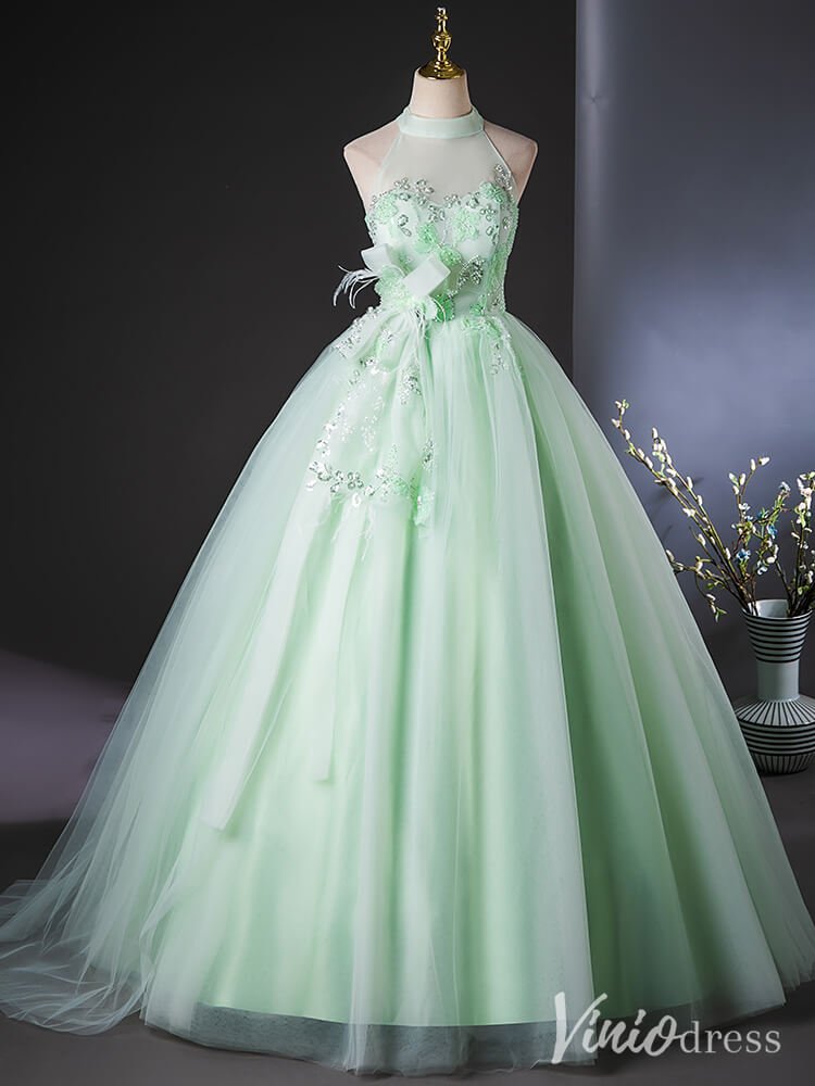 Green Beaded Lace Halter Neck Quinceanera Dresses Bow - Tie Butterfly Ball Gown AD1387 - Viniodressprom dressesGreenCustom Size - Formal Dresses - Ball Gowns