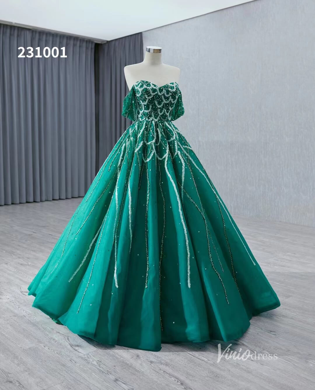 Green Beaded Lace Wedding Dresses Off the Shoulder Quinceanera Dress 231001-Quinceanera Dresses 2025 -Viniodress-Green-Custom Size-