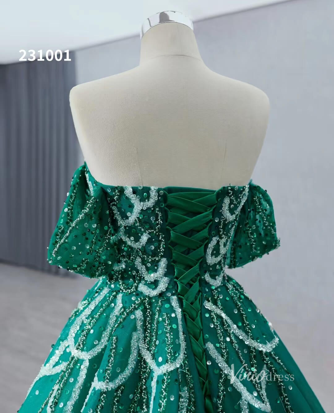 Green Beaded Lace Wedding Dresses Off the Shoulder Quinceanera Dress 231001-Quinceanera Dresses 2025 -Viniodress-Green-Custom Size-