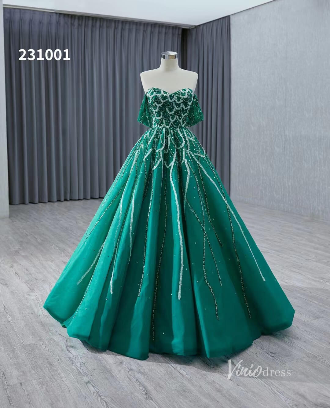Green Beaded Lace Wedding Dresses Off the Shoulder Quinceanera Dress 231001-Quinceanera Dresses 2025 -Viniodress-Green-Custom Size-