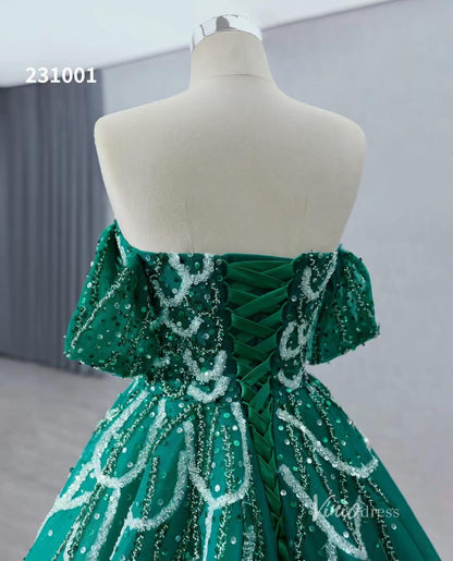 Green Beaded Lace Wedding Dresses Off the Shoulder Quinceanera Dress 231001-Quinceanera Dresses 2025 -Viniodress-Green-Custom Size-