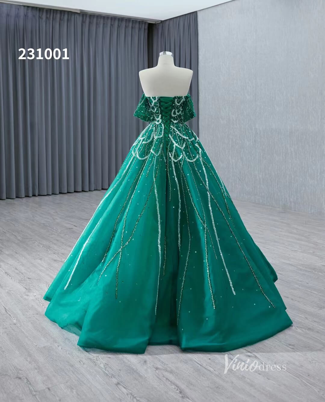 Green Beaded Lace Wedding Dresses Off the Shoulder Quinceanera Dress 231001 - ViniodressQuinceanera DressesGreenCustom Size - Formal Dresses - Ball Gowns