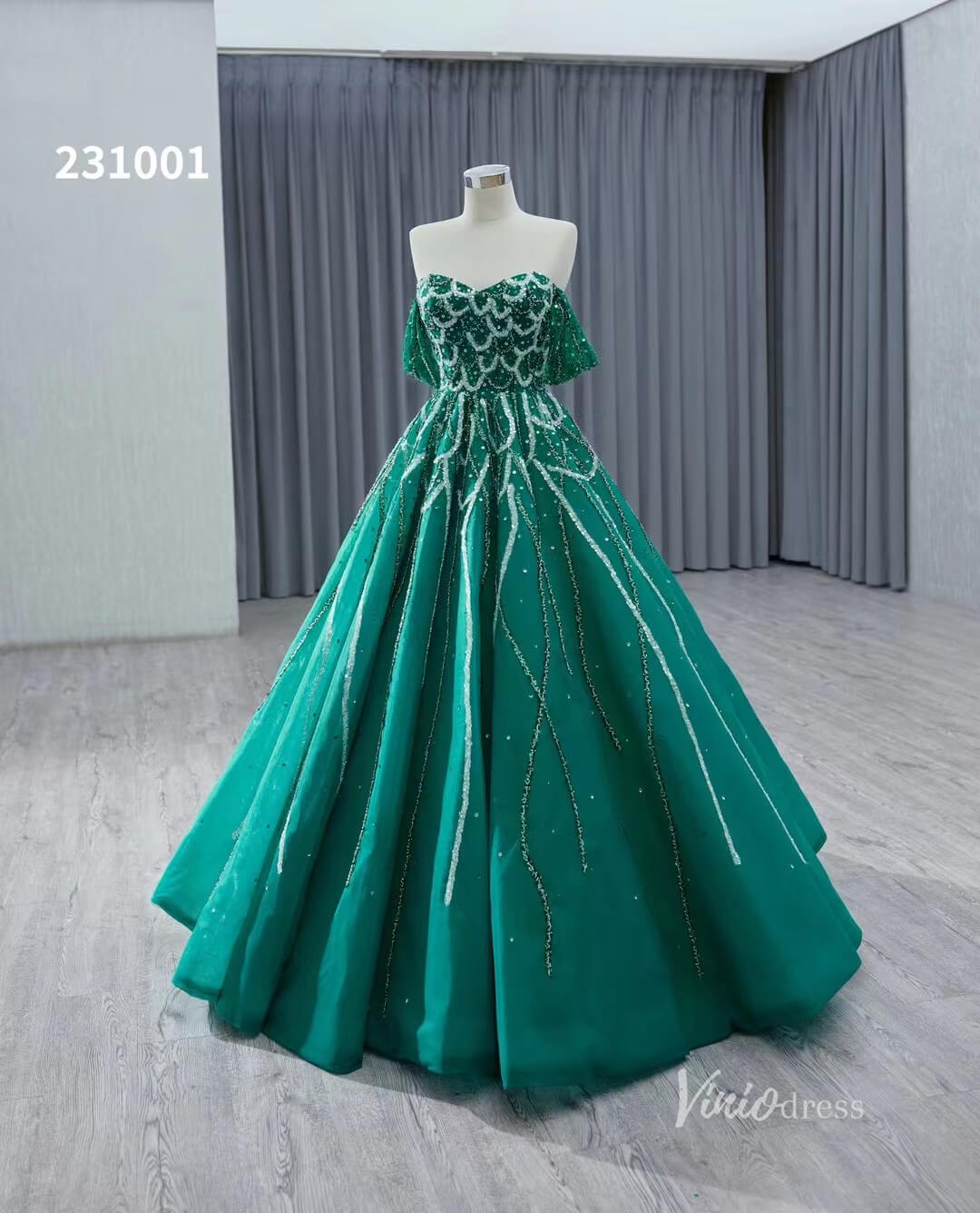 Green Beaded Lace Wedding Dresses Off the Shoulder Quinceanera Dress 231001 - ViniodressQuinceanera DressesGreenCustom Size - Formal Dresses - Ball Gowns