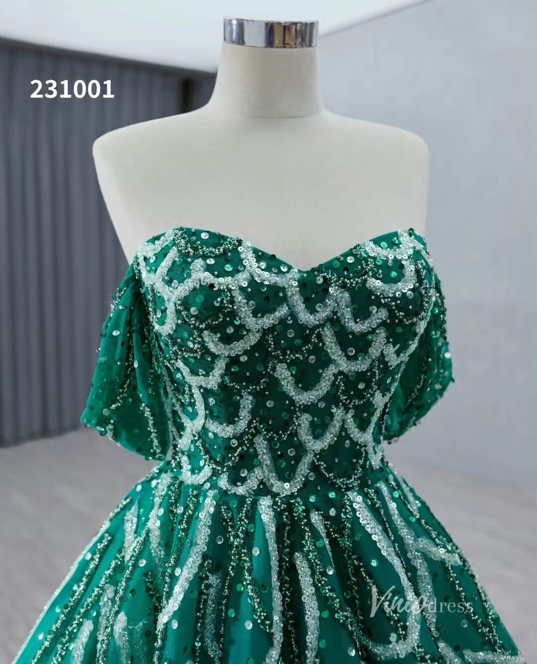 Green Beaded Lace Wedding Dresses Off the Shoulder Quinceanera Dress 231001 - ViniodressQuinceanera DressesGreenCustom Size - Formal Dresses - Ball Gowns